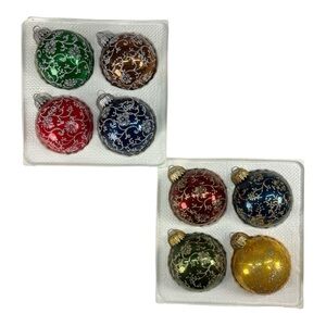 8 Vintage 2.5" Christmas Krebs Glass Multicolor Balls Ornaments Glitter Floral